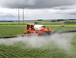 Tractor spraying a field